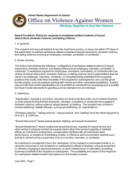 FY 2020 Workplace Sexual Misconduct Special Condition