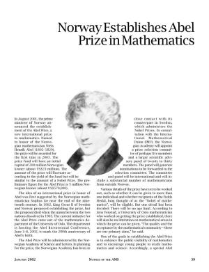 Norway Establishes Abel Prize in Mathematics, Volume 49, Number 1