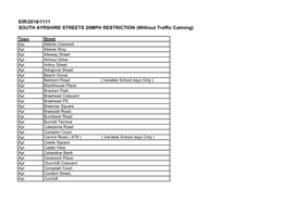 SOUTH AYRSHIRE STREETS 20MPH RESTRICTION (Without Traffic Calming)