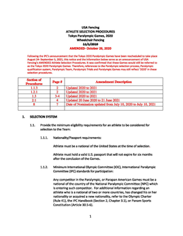 USA Fencing ATHLETE SELECTION PROCEDURES Tokyo Paralympic Games, 2020 Wheelchair Fencing 11/1/2019 AMENDED- October 26, 2020