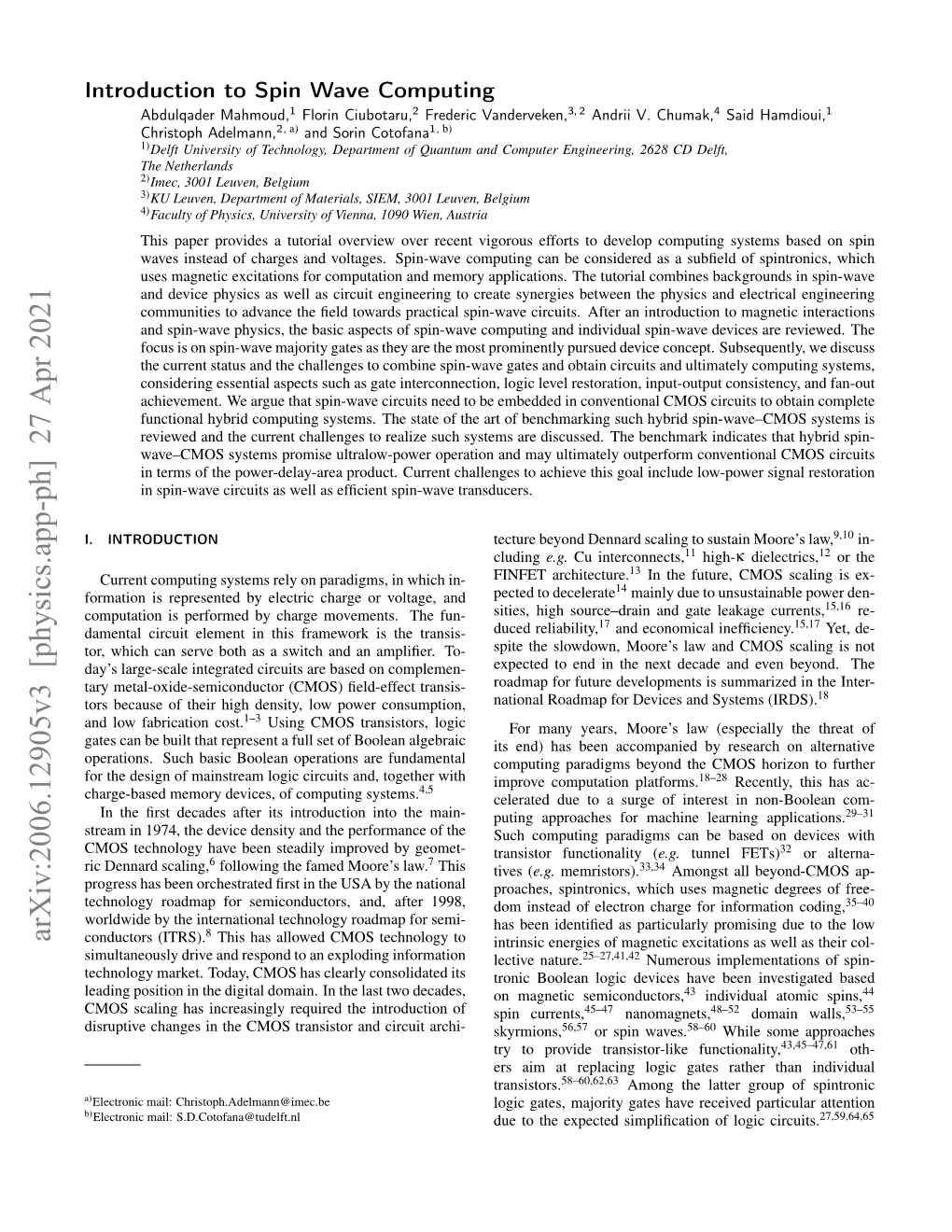 Arxiv:2006.12905V3 [Physics.App-Ph] 27 Apr 2021 Conductors (ITRS)