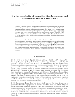 On the Complexity of Computing Kostka Numbers and Littlewood-Richardson Coefficients