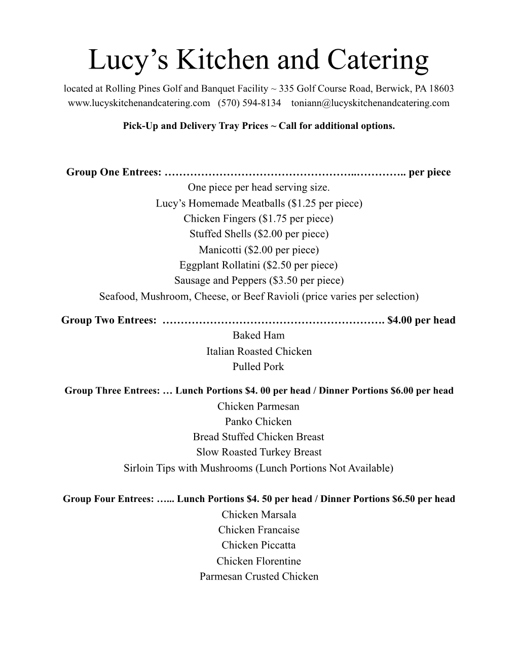 Catering Tray Price List