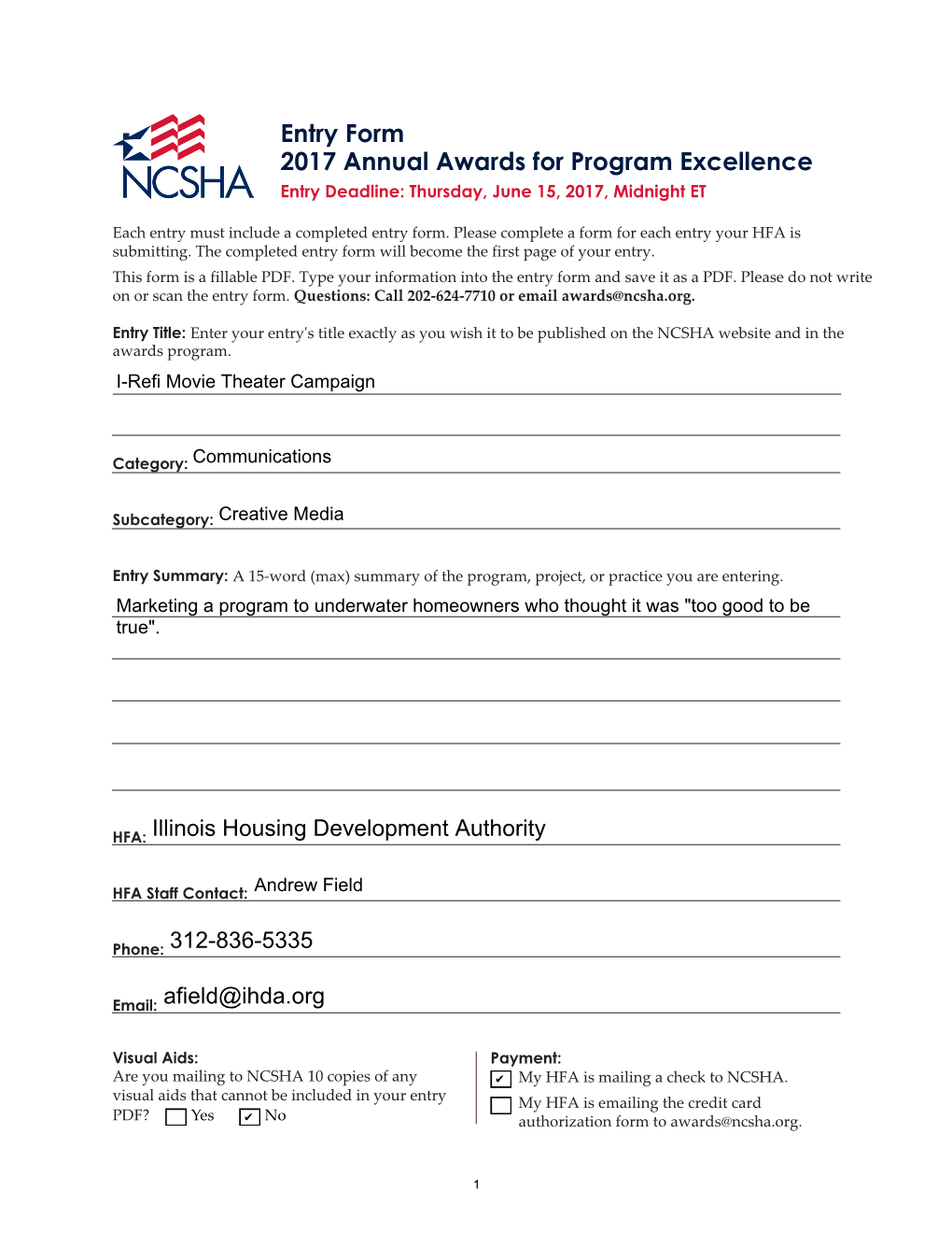 Entry Form 2017 Annual Awards for Program Excellence Entry Deadline: Thursday, June 15, 2017, Midnight ET