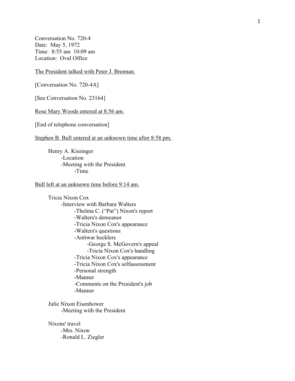 1 Conversation No. 720-4 Date: May 5, 1972 Time: 8:55 Am 10:09 Am Location: Oval Office the President Talked with Peter J. B