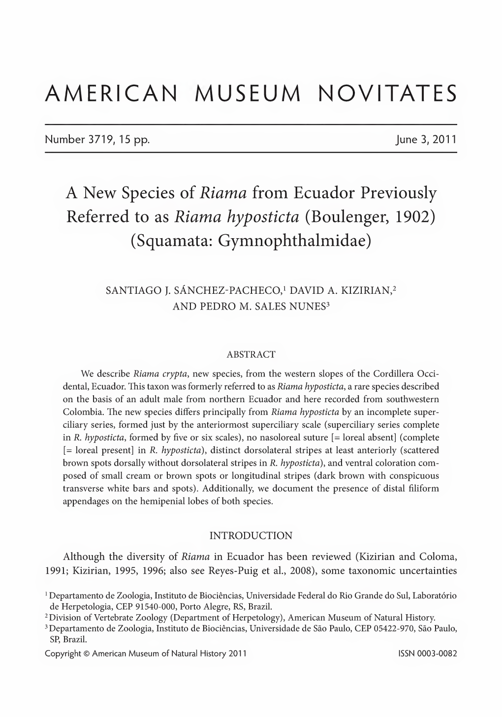 A New Species of Riama from Ecuador Previously Referred to As Riama Hyposticta (Boulenger, 1902) (Squamata: Gymnophthalmidae)