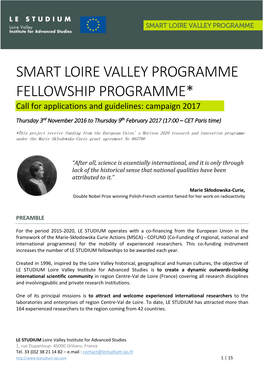 SMART LOIRE VALLEY PROGRAMME FELLOWSHIP PROGRAMME* Call for Applications and Guidelines: Campaign 2017