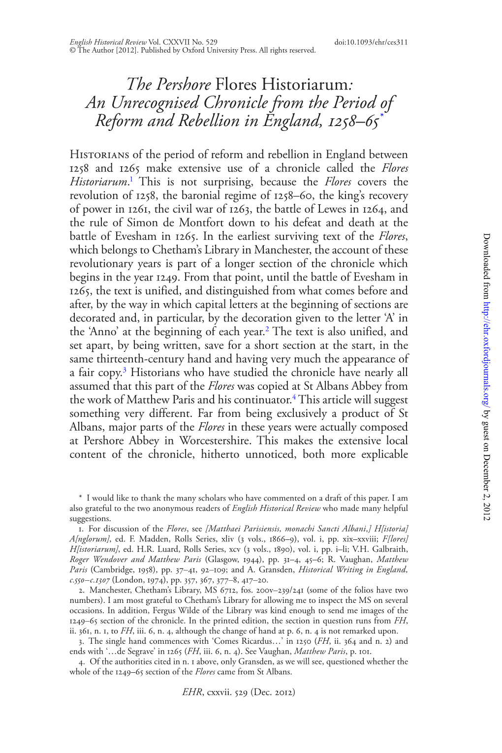 The Pershore Flores Historiarum: an Unrecognised Chronicle from the Period of Reform and Rebellion in England, 1258–65*