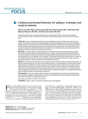 Unilateral Prefrontal Lobotomy for Epilepsy: Technique and Surgical Anatomy