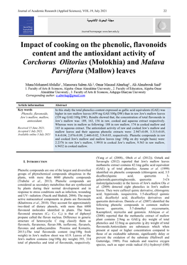 Impact of Cooking on the Phenolic, Flavonoids Content and the Antioxidant Activity of Corchorus Olitorius (Molokhia) and Malava Parviflora (Mallow) Leaves