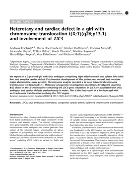 Heterotaxy and Cardiac Defect in a Girl with Chromosome Translocation T(X;1)(Q26;P13.1) and Involvement of ZIC3