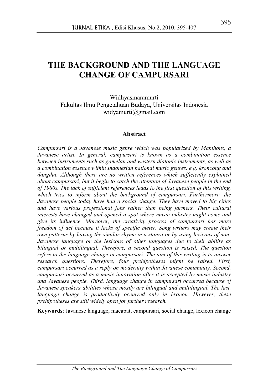 The Background and the Language Change of Campursari