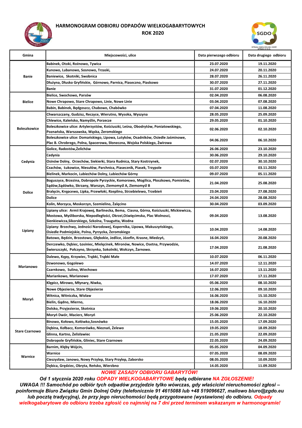 Harmonogram Odbioru Odpadów Wielkogabrytowych – ZGDO – 2020