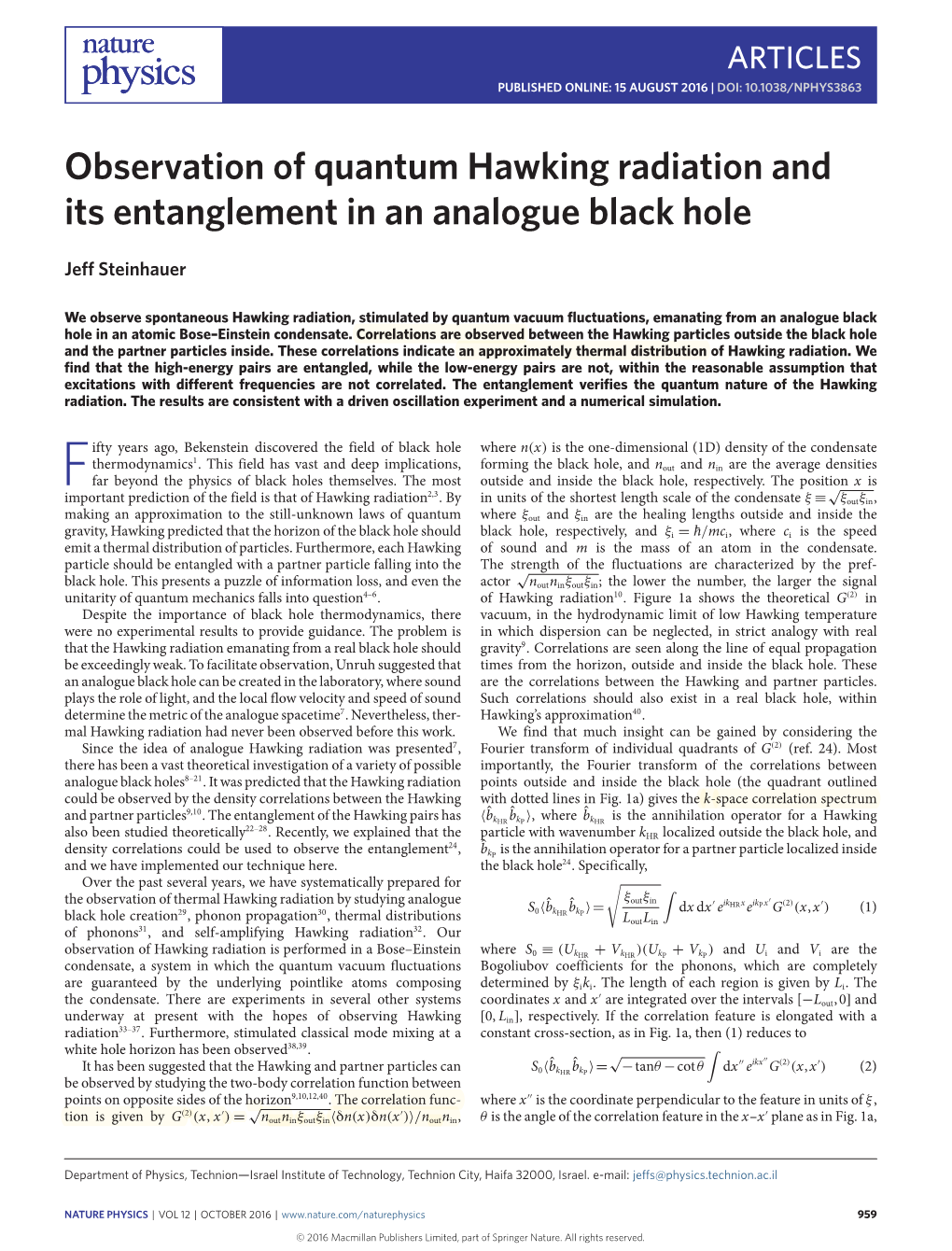 Observation of Quantum Hawking Radiation and Its Entanglement in an Analogue Black Hole