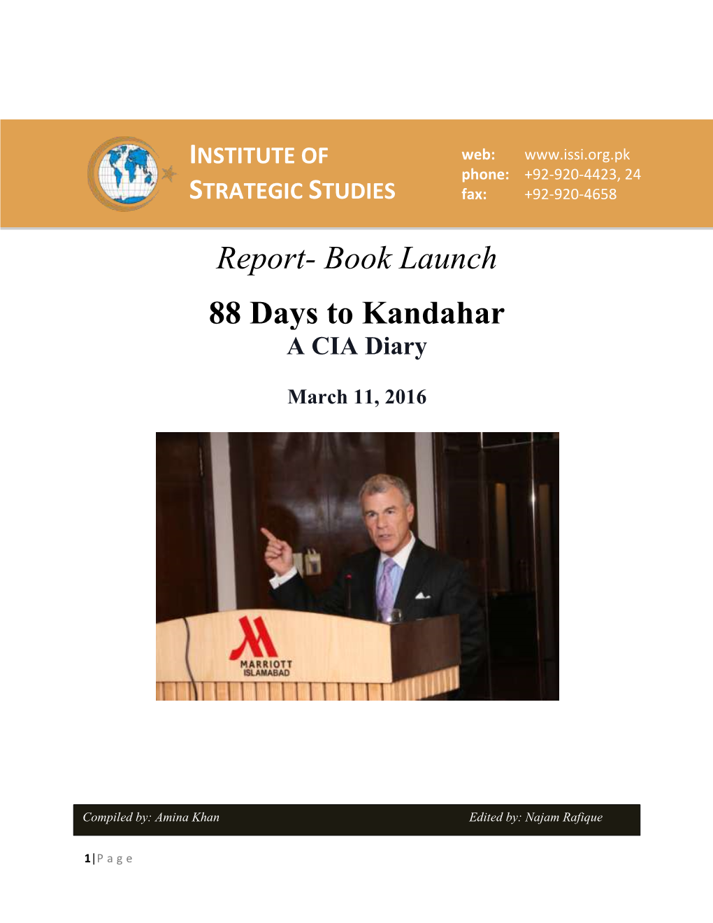 Report- Book Launch 88 Days to Kandahar a CIA Diary