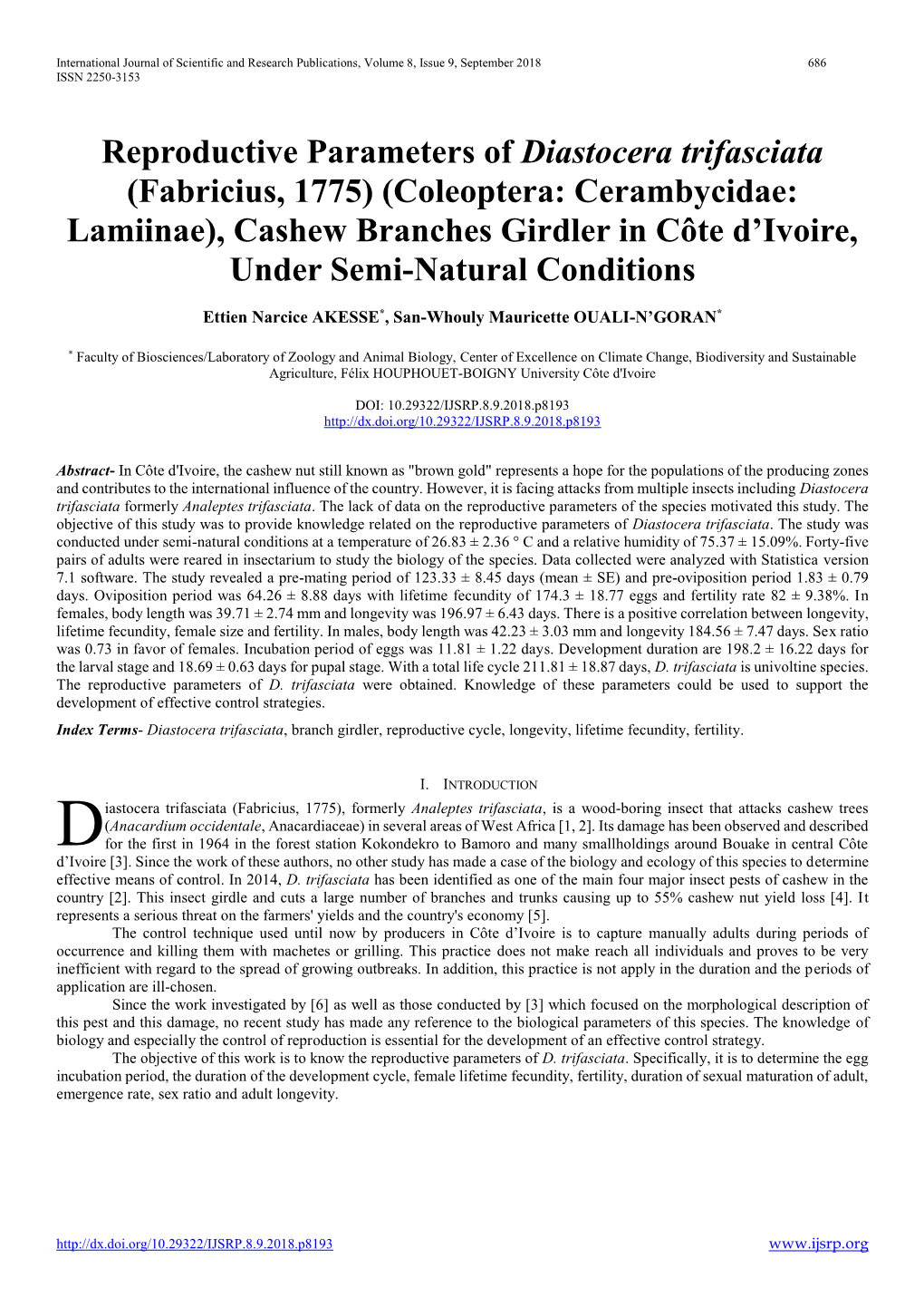 Reproductive Parameters of Diastocera Trifasciata (Fabricius