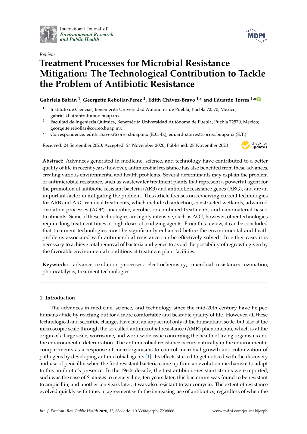 Treatment Processes for Microbial Resistance Mitigation: the Technological Contribution to Tackle the Problem of Antibiotic Resistance