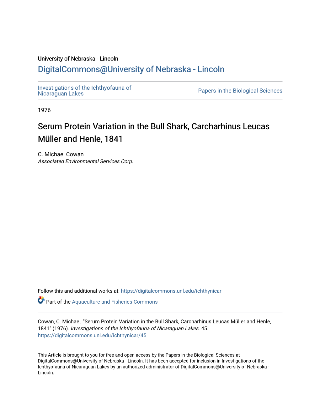 Serum Protein Variation in the Bull Shark, Carcharhinus Leucas Müller and Henle, 1841