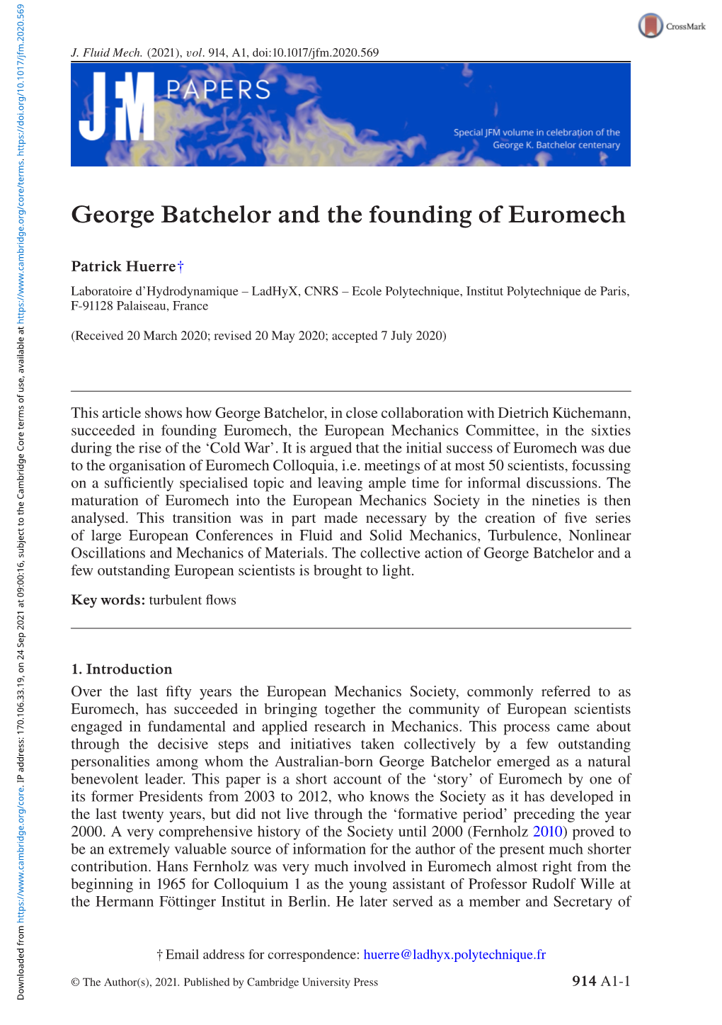 George Batchelor and the Founding of Euromech