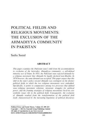 Political Fields and Religious Movements: the Exclusion of the Ahmadiyya Community in Pakistan