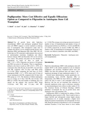Pegfilgrastim: More Cost Effective and Equally Efficacious Option As Compared to Filgrastim in Autologous Stem Cell Transplant