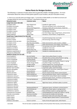 Native Plants for Mudgee Gardens the Following Is a Selection of Native Plants That Are Generally Reliable in Mudgee Gardens