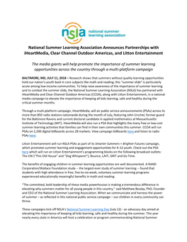 National Summer Learning Association Announces Partnerships with Iheartmedia, Clear Channel Outdoor Americas, and Litton Entertainment