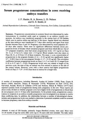Serum Progesterone Concentrations in Cows Receiving Embryo Transfers J