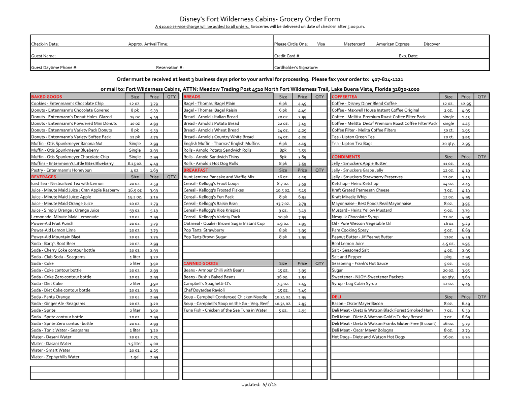 Disney's Fort Wilderness Cabins- Grocery Order Form a $10.00 Service Charge Will Be Added to All Orders