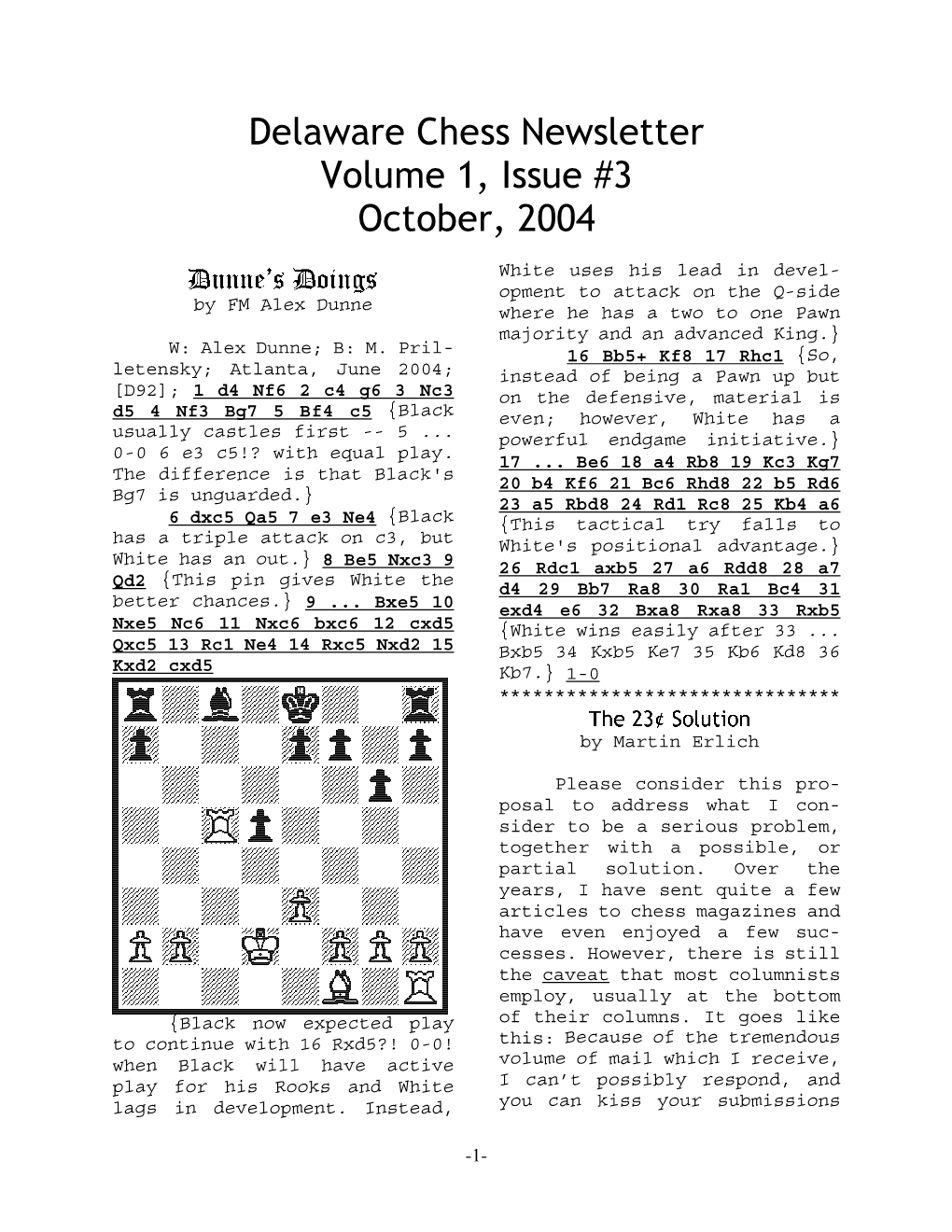 Delaware Chess Newsletter Volume 1, Issue #3 October, 2004