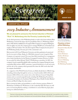 Evergreen an UPDATE for FRIENDS of the WORLD FORESTRY CENTER AUGUST 2019