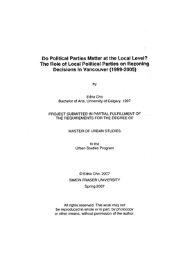 The Role of Local Political Parties on Rezoning Decisions in Vancouver (1999-2005)