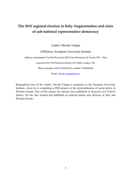 The 2015 Regional Election in Italy: Fragmentation and Crisis of Sub-National Representative Democracy