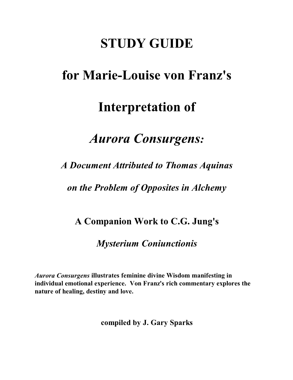 STUDY GUIDE for Marie-Louise Von Franz's Interpretation of Aurora Consurgens
