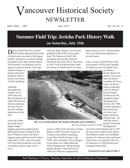Vancouver Historical Society NEWSLETTER ISSN 0042 - 2487 June 2015 Vol