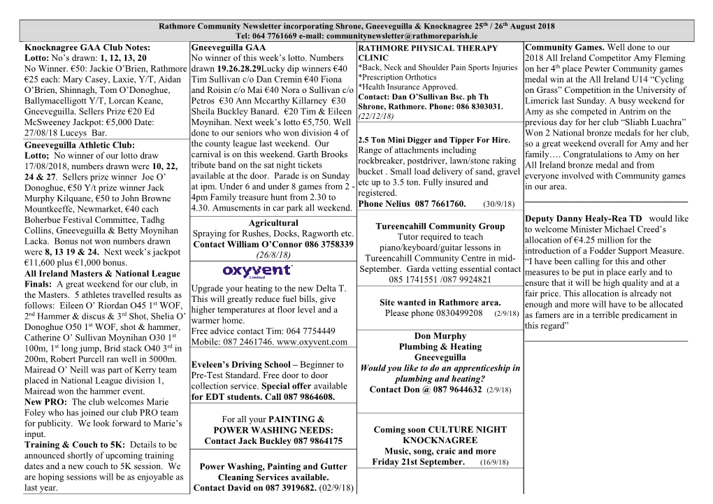Community Newsletter 26Th August 2018