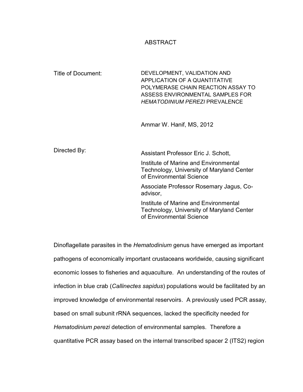 ABSTRACT Dinoflagellate Parasites in the Hematodinium Genus Have