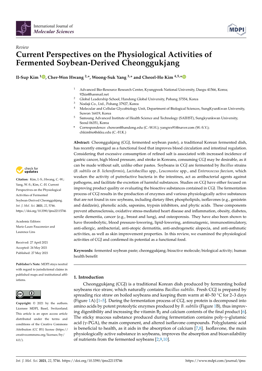 Current Perspectives on the Physiological Activities of Fermented Soybean-Derived Cheonggukjang