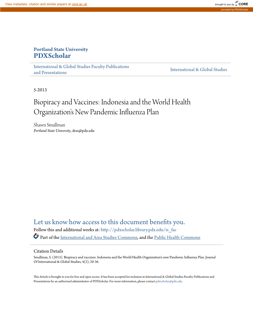 Biopiracy and Vaccines: Indonesia and the World Health Organization's New Pandemic Influenza Plan