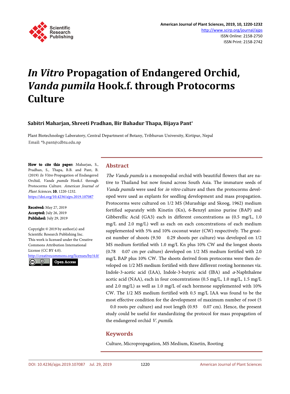 In Vitro Propagation of Endangered Orchid, Vanda Pumila Hook.F. Through Protocorms Culture