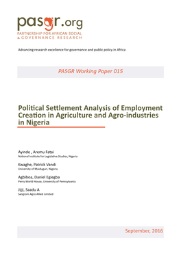 Political Settlement Analysis of Employment Creation in Agriculture