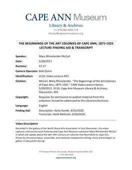 The Beginnings of the Art Colonies of Cape Ann, 1875-1925 Lecture Finding Aid & Transcript