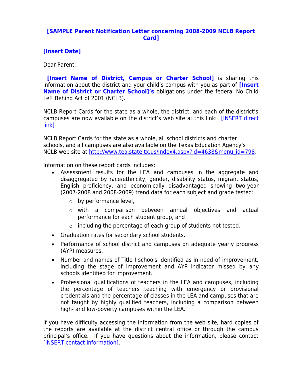 SAMPLE Parent Notification Letter Concerning 2007-2008 NCLB Report Card