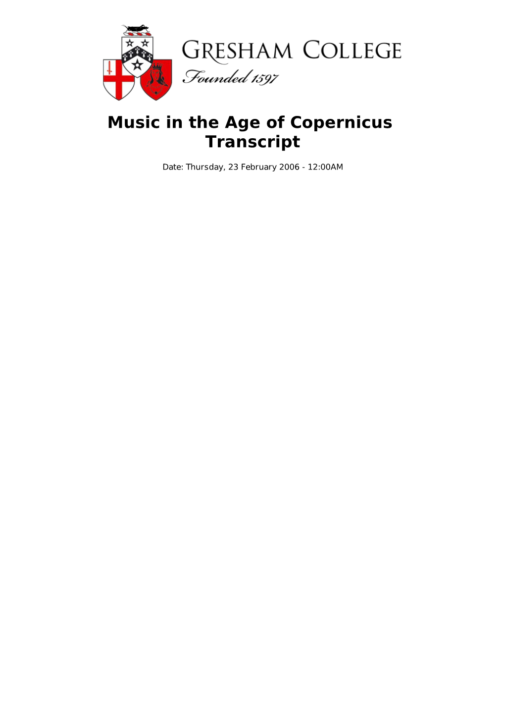 Music in the Age of Copernicus Transcript