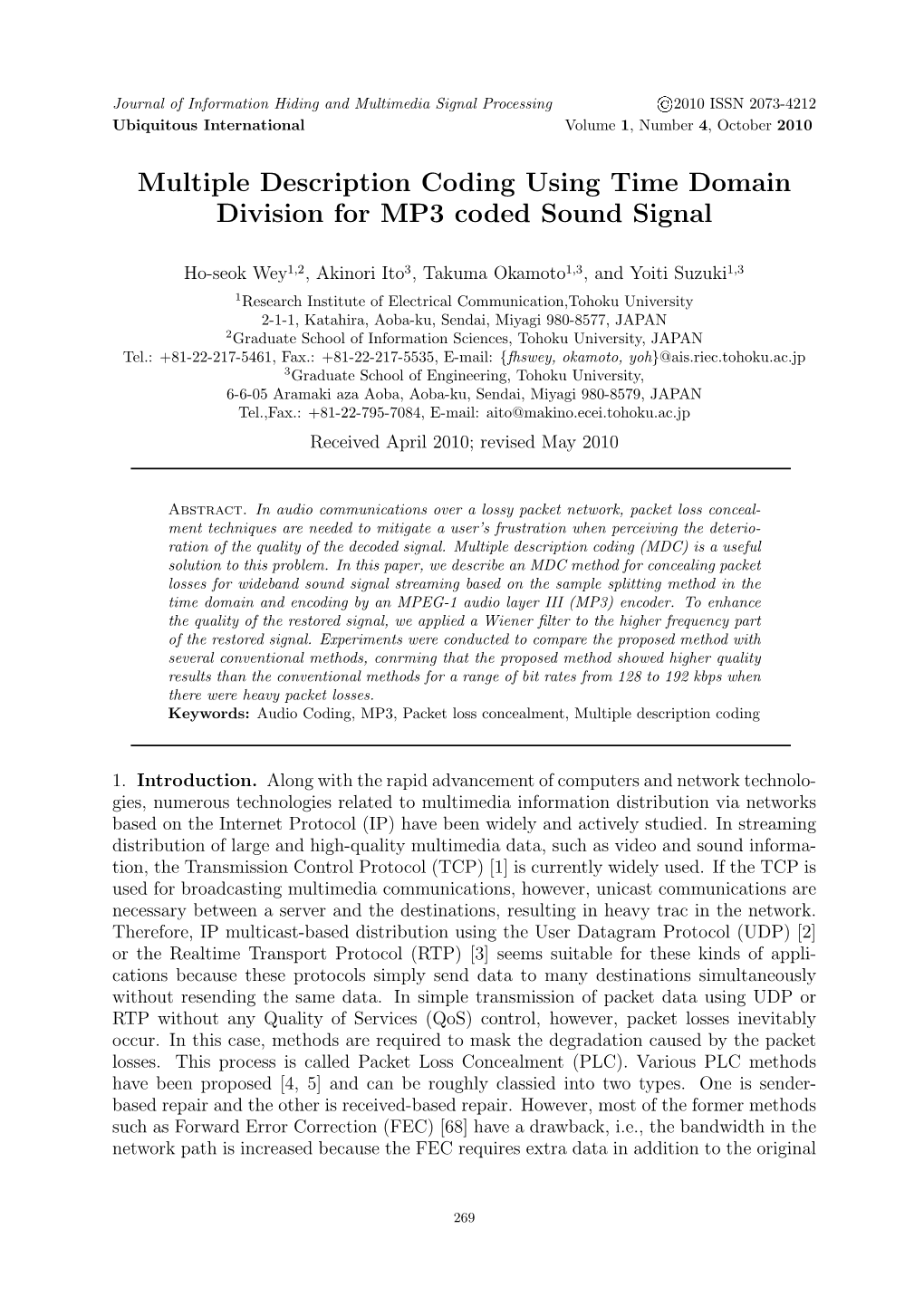 Multiple Description Coding Using Time Domain Division for MP3 Coded Sound Signal