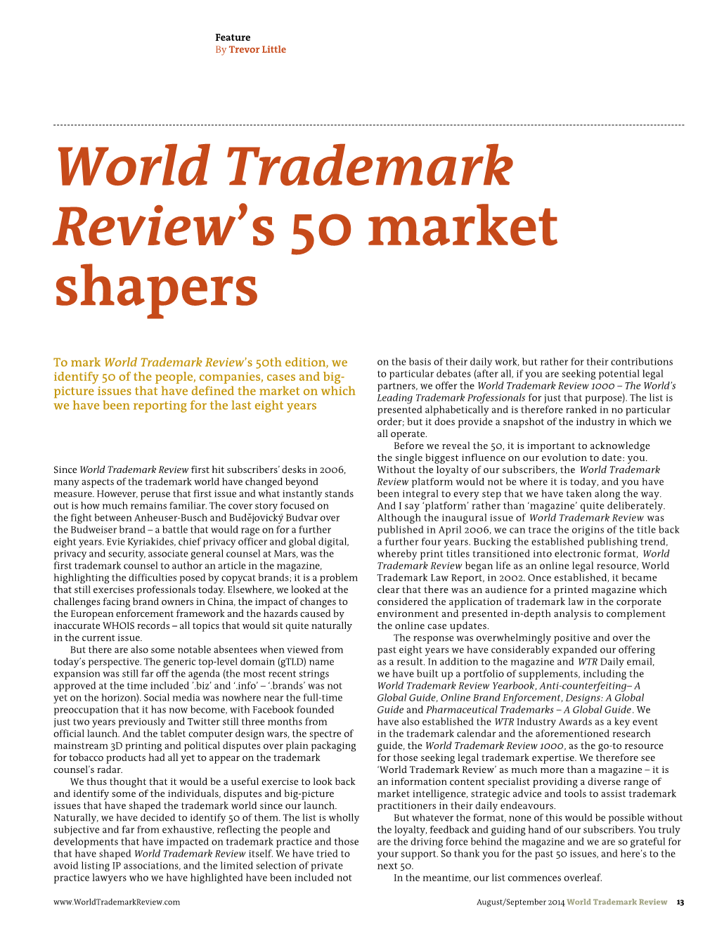 World Trademark Review's 50 Market Shapers