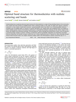 Optimal Band Structure for Thermoelectrics with Realistic Scattering and Bands ✉ ✉ Junsoo Park 1 , Yi Xia 2, Vidvuds Ozoliņš 3,4 and Anubhav Jain 1