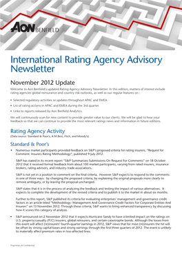 International Rating Agency Advisory Newsletter November 2012 Update Welcome to Aon Benfield’S Updated Rating Agency Advisory Newsletter