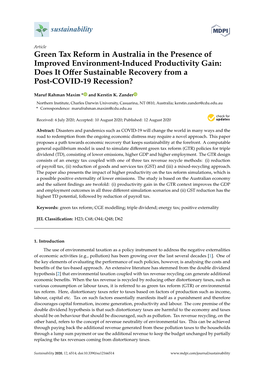 Green Tax Reform in Australia in the Presence of Improved Environment-Induced Productivity Gain: Does It Oﬀer Sustainable Recovery from a Post-COVID-19 Recession?