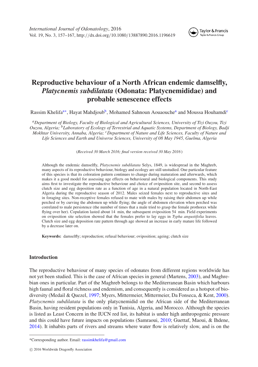 Reproductive Behaviour of a North African Endemic Damselfly, Platycnemis Subdilatata